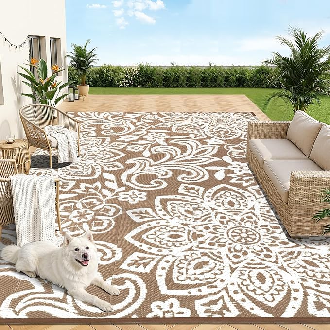 Findosom Waterproof Outdoor Rug 9' x 12' - Reversible Mandala Outdoor Plastic Straw Rug, Durable Foldable Patio Rug for RV, Deck, Balcony, Backyard, Picnic, Porch, Camping, Beach, Brown