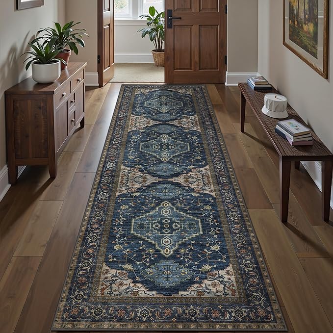 Tangsoo Dark Blue 2.6x8 Washable Runner Rug for Hallways, Non Slip Runner | Oriental Soft Low Pile Long Rug Runner, Vintage Boho Print Carpet Runners for Kitchen Bedroom Entryway Bathroom Living Room