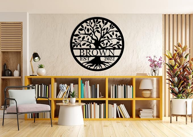 Personalized Family Tree Sign Custom Last Name Metal Wall Decor, Family Name Monogram Sign with Established Year, Tree of Life Home Decor, Rustic Farmhouse Outdoor Garden Decoration, Wedding Gift, Housewarming Gift for Family