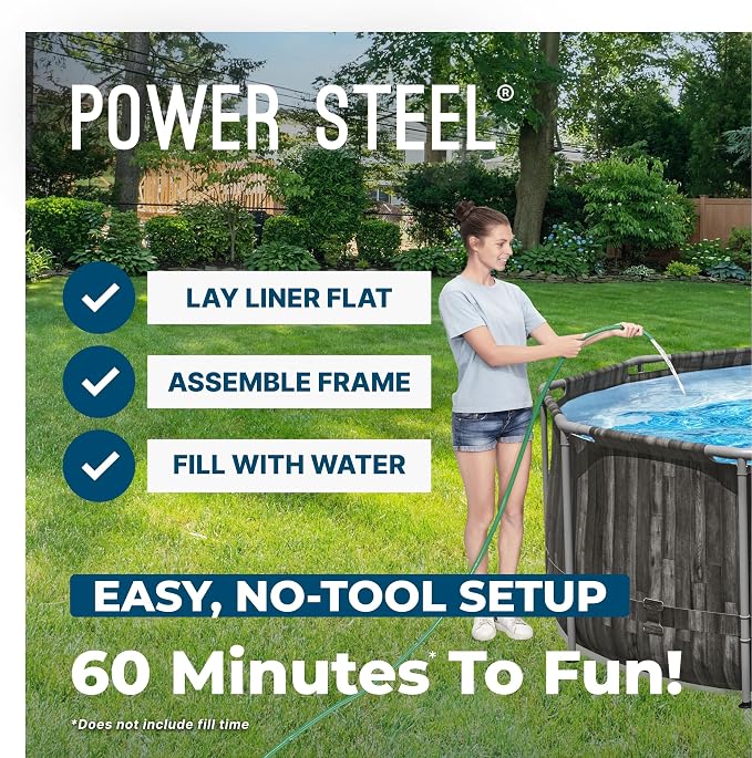 Bestway Power Steel 20’ x 12’ x 48” Above Ground Pool, Oval Metal Frame Outdoor Swimming Pool Set with Filter Pump, Ladder, and Cover | Durable Oval Metal Frame Outdoor Backyard Pool - Ladder, Cover, and Type III Filter Cartridge Included, Wood Print