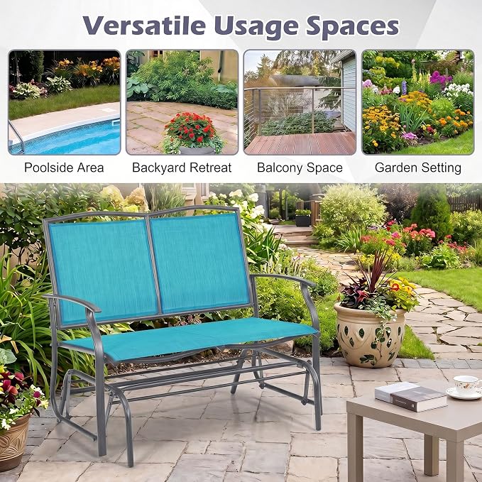 Tangkula 2-Person Patio Swing Glider Bench, Outdoor Rocker Glider Loveseat Chair W/Heavy-Duty Steel Frame, Breathable Seat Fabric, Rocking Lounge Chair for Poolside, Garden, Backyard (Turquoise)