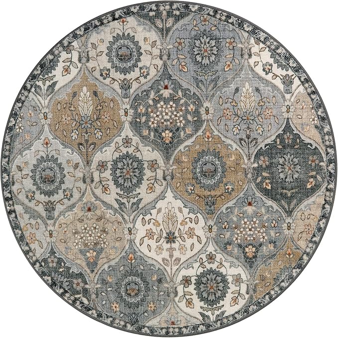 Lahome Moroccan Washable Round Area Rug, Soft Grey Vintage Round Rug 3ft | Distress Circle Carpet for Entryway Bathroom Bedroom Non Slip Low Pile Stain Resistant Accent Rug Elise, Grey