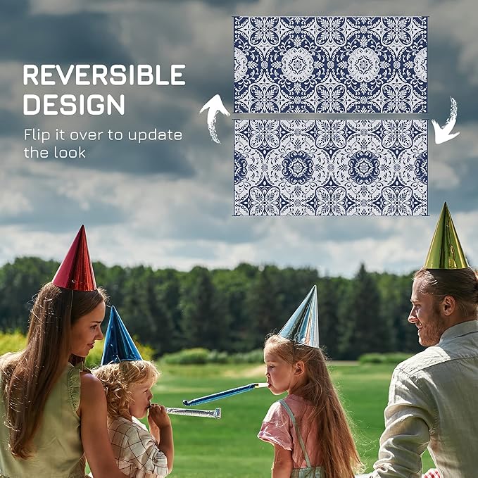 Outsunny Reversible Outdoor Rug Carpet, 9' x 18' Waterproof Plastic Straw Rug, Portable RV Camping Rugs with Carry Bag, Large Floor Mat for Backyard, Deck, Picnic, Beach, Blue & White Floral
