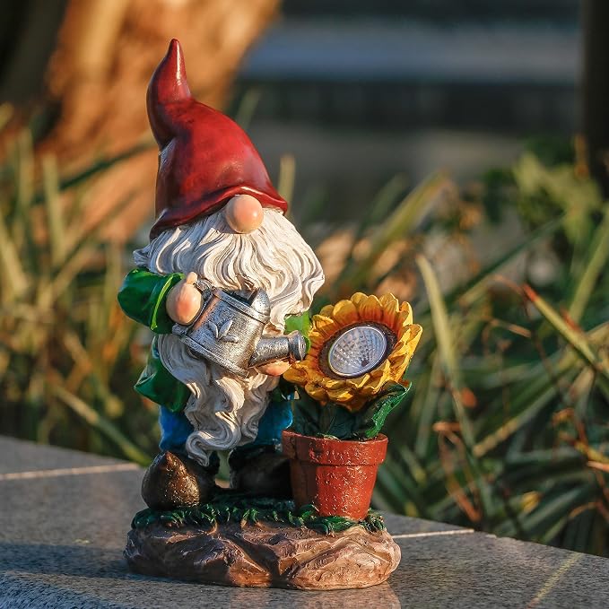 TERESA'S COLLECTIONS Sunflower Garden Gnomes Decorations for Yard with Solar Lights, Cute Resin Garden Sculptures & Statues for Outdoor Patio Lawn Ornaments,Ideal Gifts for Mom Women and Man, 11.4"