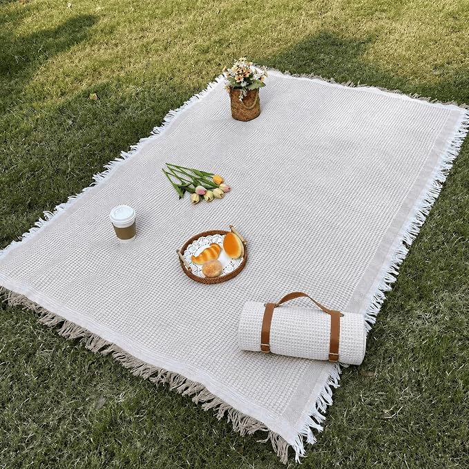 White Picnic Blanket, Extra Large Soft Cotton Gauze Picnic Rug 71"x71", Lightweight Breathable Blanket with Leather Handle, Machine Washable for Beach, Camping, Park, Couples (Soft Weave)