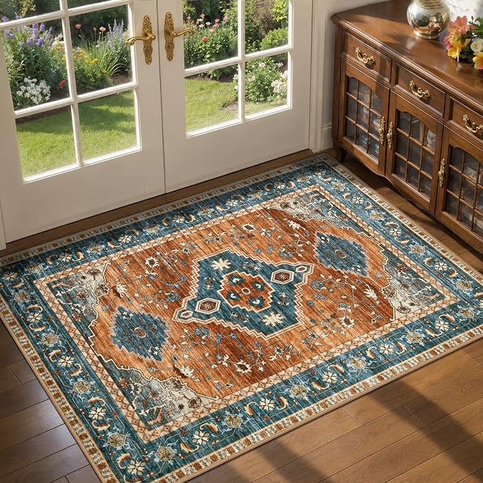 Tangsoo Oriental 2x3 Washable Rugs for Entryway, Non Slip Small Area Rug | Vintage Indoor Front Door Rug, Boho Door Mat Carpet, Soft Low Pile Throw Rugs for Entrance Entry Kitchen Bedroom Orange/Blue