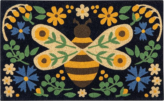 Now Designs Bee Garden Doormat, 18x30in, Coir Fiber with Vinyl Backing, Fade Resistant, Folk Art-Inspired Design