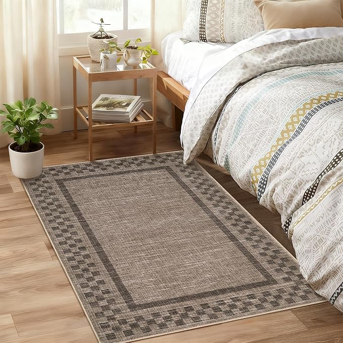 GarveeHome Small Washable Area Rug 2x3 Modern Checkered Entry Bedroom Rug | Solid Color Scalloped Kitchen Rugs Non Slip Stain Resistant Bordered Throw Carpet for Living Room Nursery Laundry, Brown
