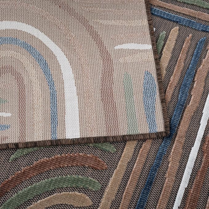 CAMILSON Indoor Outdoor Rug, Brown 8x10 Geometric Arch Striped Area Rugs for Patio and Home Areas, Easy-Cleaning Non-Shedding Living Room, Garden and Deck Washable Outside Carpet (8 x 10)