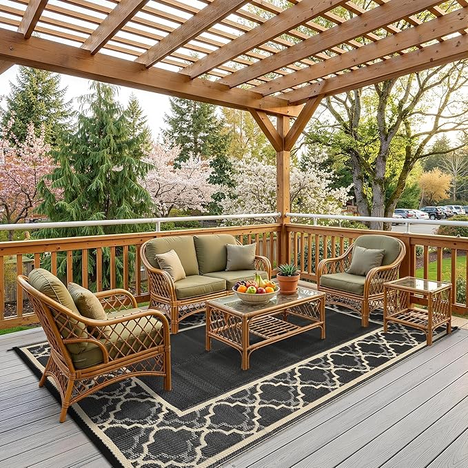 Garvee Reversible Outdoor Rug 9x12, Waterproof Outdoor Plastic Straw Rug with Interlacing Pattern, RV Mat for Picnics, Patio, Camping, Balcony, Deck, Backyard, Porch, Coffee