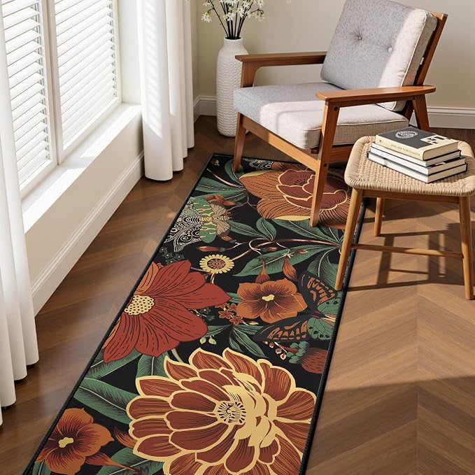 Tyrot Vintage Black Boho Floral 2x6 Washable Kitchen & Hallway Runner Rug Ultra-Thin Flat Woven Low Pile Botanical Runner Rug Non-Slip Indoor Butterfly Runner for Entryway, Laundry, Bathroom Bedroom