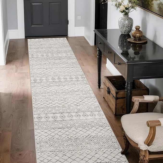 2x10 Hallway Runner Rug: Washable Non Slip Moroccan Carpet Geometric Grey | Soft Stain Resistant Easy Clean Mat for Kitchen Entryway Bedroom Family with Pets