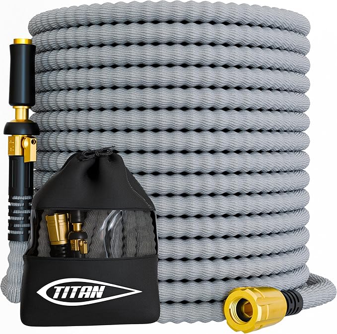 TITAN Flexible Garden Hose 65FT – Ultra Lightweight, Heavy Duty Water Hose with Brass Fittings & Jet Nozzle – Kink-Free, Non-Expanding, Durable Fabric Hose for Yard, Lawn, Car Wash, Outdoor Use