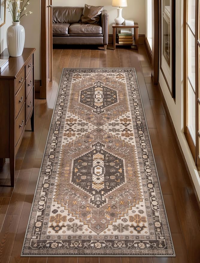Ciicool Washable Non Slip Runner Rug,2x6ft Vintage Hallway Kitchen Rugs | Soft Oriental Indoor Hazel Boho Entry Carpet for Entrance Bedroom Bedside Living Room Laundry Bathroom Decor
