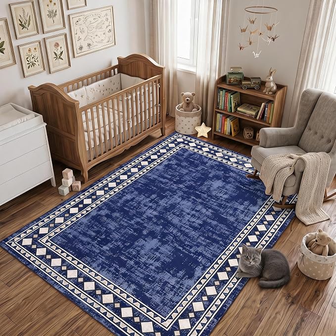 Garvee 5x7 Area Rugs Vintage Border Washable Rugs Living Room, Blue | Boho Area Rug Stain Resistant Easy Cleaning Throw Rugs Non Shedding Low Pile Floor Cover for Nursery Dining Room