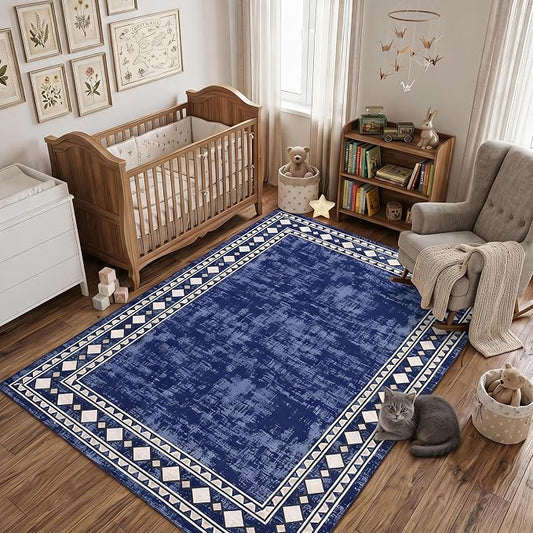Garvee 5x7 Area Rugs Vintage Border Washable Rugs Living Room, Blue | Boho Area Rug Stain Resistant Easy Cleaning Throw Rugs Non Shedding Low Pile Floor Cover for Nursery Dining Room