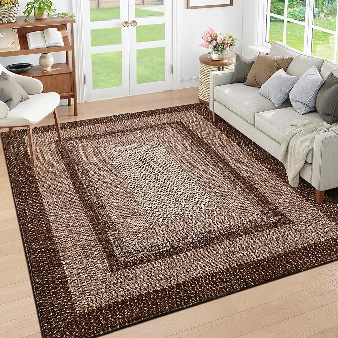 RUGSREAL Washable Rug 5x7 Modern Geometric Living Room Bedroom Rugs | Throw Floor Cover Braided Print Dining Room Rugs Non Slip Farmhouse Rustic Carpet for Nursery Kitchen Dining Room, Brown