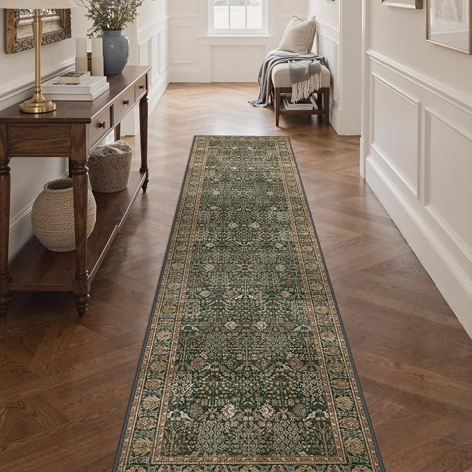 2x10 Kitchen Runner Rug, Washable Non Slip, Dark Green Brown | Vintage Floral Design, Spill Resistant Lightweight Low Pile Carpet for Hallway, Bedroom, Laundry Room, Bathroom
