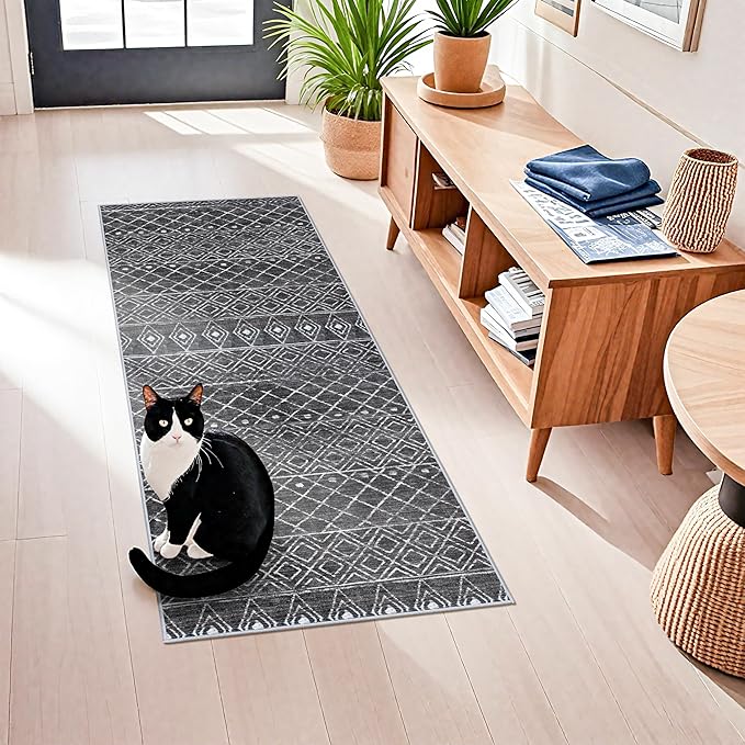 2x5 Hallway Rug Runner Moroccan: Washable Non Slip Runner Rug Black | Pets Friendly Runner Low Pile Soft Indoor Floor Mat Front Door for Kitchen Bedroom Entryway Laundry