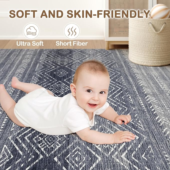 Tortania Area Rug Living Room Rugs- 8x12 Washable Large Soft Neutral Boho Moroccan Bohemian Farmhouse Rug Indoor Floor Carpet for Bedroom Under Dining Table Home Office Decor - Blue Gray