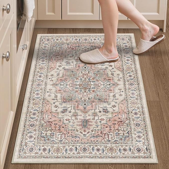 Area Rug 2x3 Entryway Rug Soft Washable Low Pile Vintage Doormat | Non Slip Low Pile Lightweight Carpets Indoor Faux Wool Small Rug Vintage Beige Pink for Entrance Kitchen Bedroom Living Room