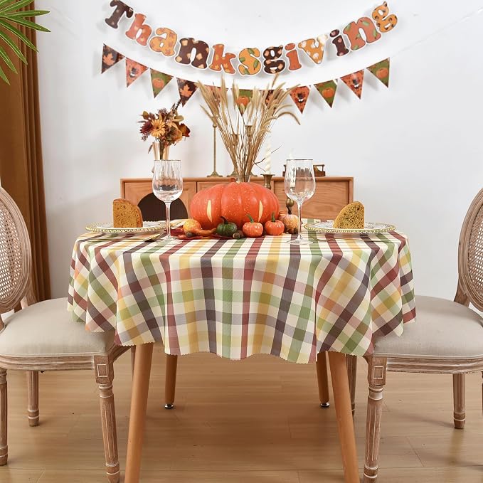 Waterproof Plaid Tablecloth Fabric - Round 58 Inch Classic Gingham Checker Table Cloth for Indoor/Outdoor Use - Buffalo Table Cover for Picnics, BBQs, and Parties