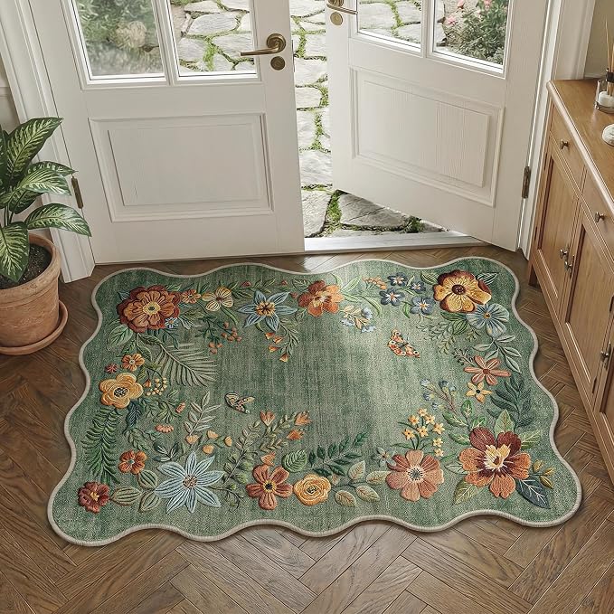 FMFUNCTEX 2x3 Washable Sage Green Floral Vintage Scalloped Entryway Rug | Boho Flower Colorful Traditional Door Mat Non Slip Low Pile Indoor Soft Small Throw Rugs Entry Way Entrance Kitchen Laundry
