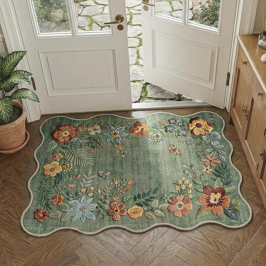 FMFUNCTEX 2x3 Washable Sage Green Floral Vintage Scalloped Entryway Rug | Boho Flower Colorful Traditional Door Mat Non Slip Low Pile Indoor Soft Small Throw Rugs Entry Way Entrance Kitchen Laundry