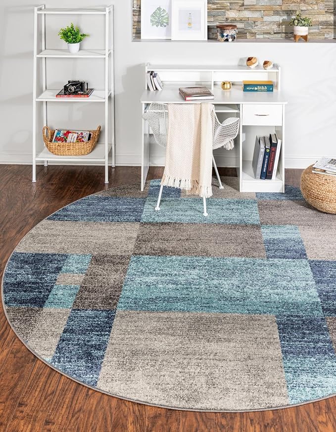 Unique Loom Autumn Collection Modern Contemporary Casual Abstract Area Rug (Blue/ Gray Tonal, 7 ft 10 x 7 ft 10 Round)