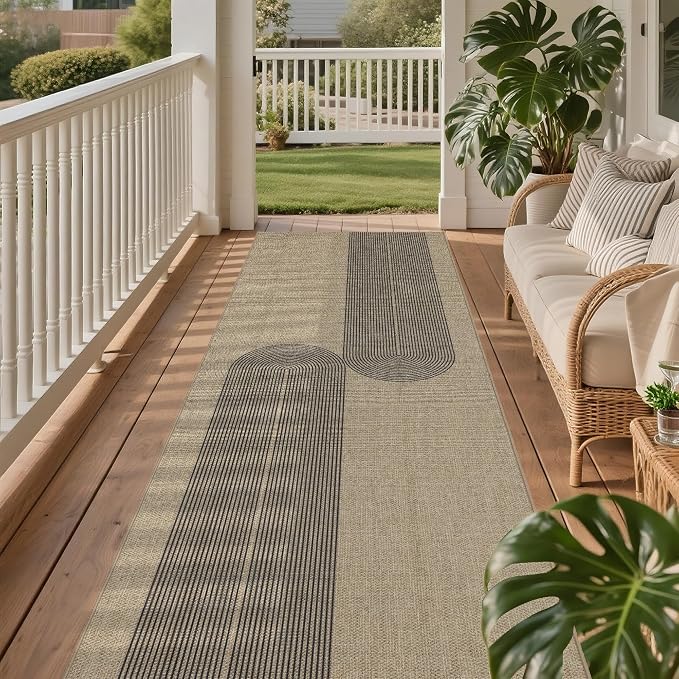 Outdoor Easy Jute Runner Rug: 2.5x8 Modern Natural Area Rugs for Front Patio Hallway Linen-Look Fabric Durable - Neutral Washable Mat for Entryway Kitchen Bedroom - Black Stripes