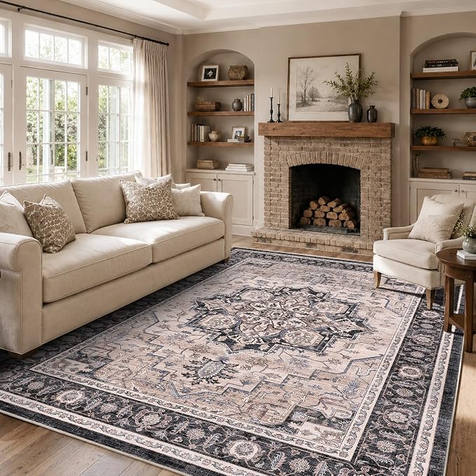 5x7 Area Rug for Living Room Soft Washable Vintage Boho Area Rug | Non-Slip Retro Print Low Pile Stain Resistant Soft Washable Distressed Indoor Rug for Bedroom Dining Room Nursery Office