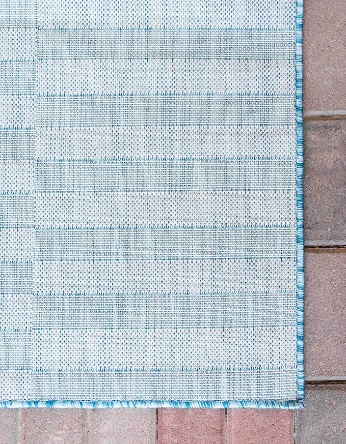 Unique Loom Outdoor Striped Collection Area Rug - Striped (7' 1" x 10' Rectangle, Light Aqua/Ivory)