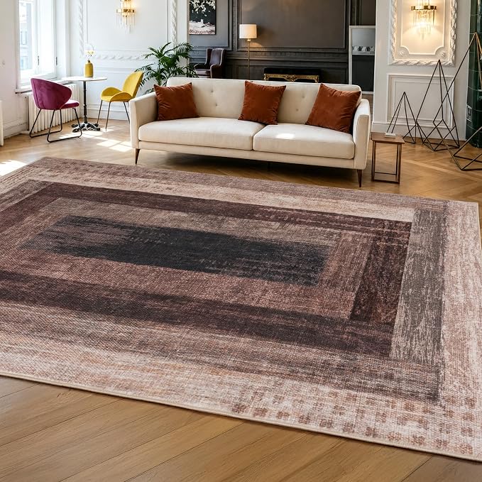 Neutral Geometric Brown 9x12 ft Large Rug for Living Room Bedroom | Contemporary Modern Area Rugs Vintage Non-Slip Soft Faux Wool Low Pile Indoor Carpet for Dining Room Office Home Decor