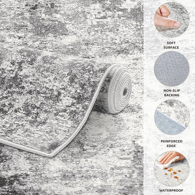 UERMEI 10ft Round Area Rug Living Room Rugs - 10x10 Washable Large Neutral Modern Abstract Soft Thin Rug Indoor Floor No Slip Rug Carpet for Bedroom Under Dining Table Home Office Decor - Grey