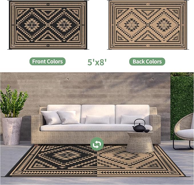 GENIMO Outdoor Rug for Patio Clearance - 5x8 ft Waterproof Plastic Camping Rugs, Reversible Outside Rv Mat Carpet for Porch, Deck, Picnic, Balcony, Beach, Backyard, Black Brown