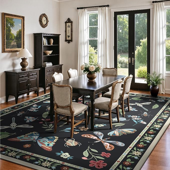 8x10 Area Rugs, Insect Ultra Soft Washable Rug Non Slip with Rubber Back, Stain Resistant Rugs for Living Room, Bedroom, Dining Room(Dark Black Butterfly)