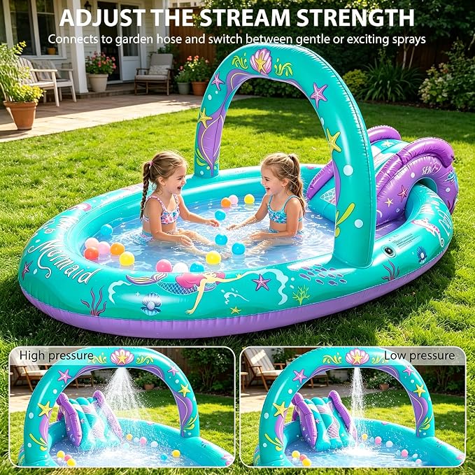 SULIFEEL 2026 Inflatable Mermaid Play Center Kiddie Pool with Slide and Sprinkler for Children, Summer Splashing Baby Pool for Backyard and Garden 96"x59"39"