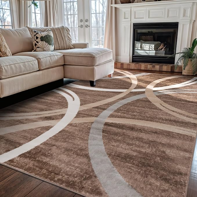 Rugshop Wavy Circles Modern Fade-Resistant Area Rug Brown 5'3" x 7'3" | Rectangular, Size 5'3" x 7'3", Living Room, Bedroom, Dining Room, Home Office, Kitchen, Entryway, Hallway, Nursery, Kids Room