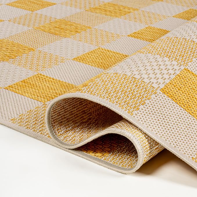 JONATHAN Y Geometric Bold Gingham Indoor Outdoor Runner Rug 2X8 Yellow/Cream, Darcy Traditional for Backyard, Patio, Porch, Easy-Cleaning, High Traffic, Pet-Friendly, Non-Shedding (TSN201D-28)