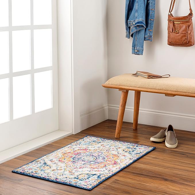Livabliss Area Rugs - 2x3 Romaine Vintage Boho Fuchsia Mustard Blue Area Rug for Living Room Bedroom - Floral Medallion Stain Resistant Carpet for Kitchen, Nursery, Office (2' x 3')