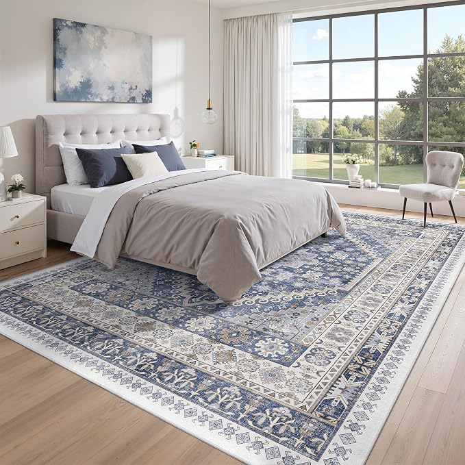 8x10 Area Rugs for Living Room,Large Washable Rug,Blue | Rugs for Bedroom,Dining Room,Office,Low Pile,Soft, Vintage Rug,Stain Resistant Indoor Carpet,Non Slip,Home Decor