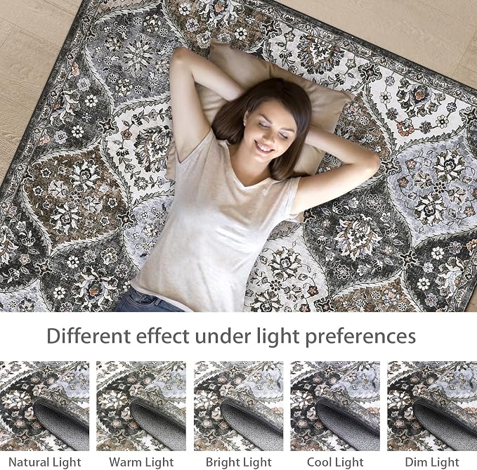ROYHOME Washable Area Rug Moroccan Trellis Distressed Area Rugs, 3' x 5' | Stain Resistant Non-Slip Floor Carpet Vintage Medallion Accent Rug Farmhouse Floor Cover for Dining Room Bedroom, Grey/Taupe