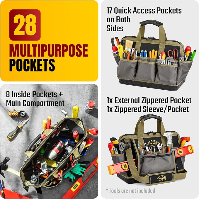 The Ryker Bag 16-inch Large Heavy Duty Wide Mouth Tool-Bag Organizer with Maximum Storage, Portable Utility Bag for Tools, Gift for Dads, Contractors, Mechanics, Technicians, Handyman & Welders