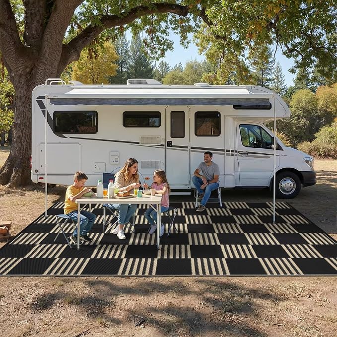 Garvee Waterproof Outdoor Rug 9x18, Checkered Foldable Plastic Straw Patio Camping Rug, Outdoor RV Carpet for Deck Camper Porch Balcony Backyard Picnic Beach Black and Brown