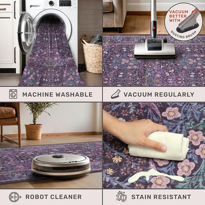 Washable Violet 5x7 Area Rug for Living Room, Vintage Dark Purple Dining Room Rugs for Under Table, Boho Foldable Low Pile Soft Carpet, Stain Resistant & Traditional Plum Floral Design