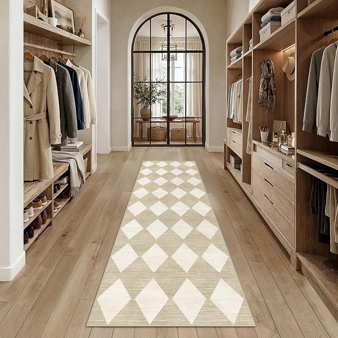 3x8 Washable Runner Rug Kitchen Beige Non Slip Checkered Carpet | Soft, Low Pile, Easy Clean, Diamond Pattern for Hallway, Entryway, Laundry Room, Bathroom, Modern Neutral Decor