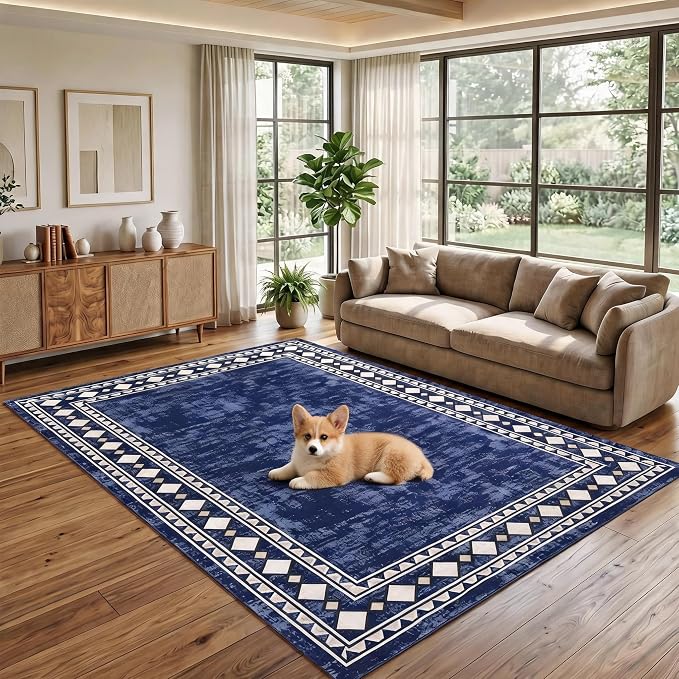Garvee 8x10 Vintage Border Washable Rugs for Living Room Bedroom Rug, Blue | Boho Area Rug Stain Resistant Easy Cleaning Throw Rugs Low Pile Floor Cover for Nursery Dining Room Apartment
