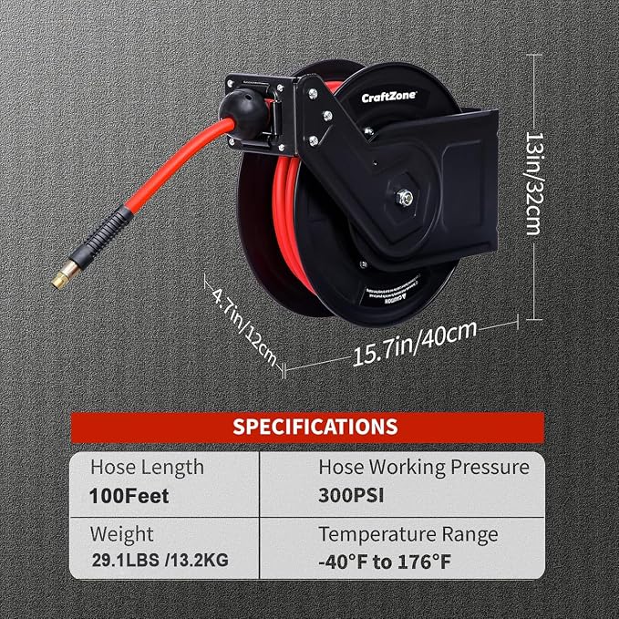 Retractable Air Hose Reel | Rewind 100 ft x 3/8 in Hybrid Air Hose Max 300PSI | Heavy Duty Air Compressor Hose Reel with Auto Rewind and Bracket | Ceiling|Wall Mount for Garage | Workshop&Home Studio