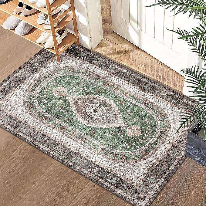 Small Rugs 2x3,Green Rug for Entryway Bathroom Entrance Doormat | Boho Vintage Bohemian Distressed Washable Oriental Accent Floor Throw Carpet Non Slip
