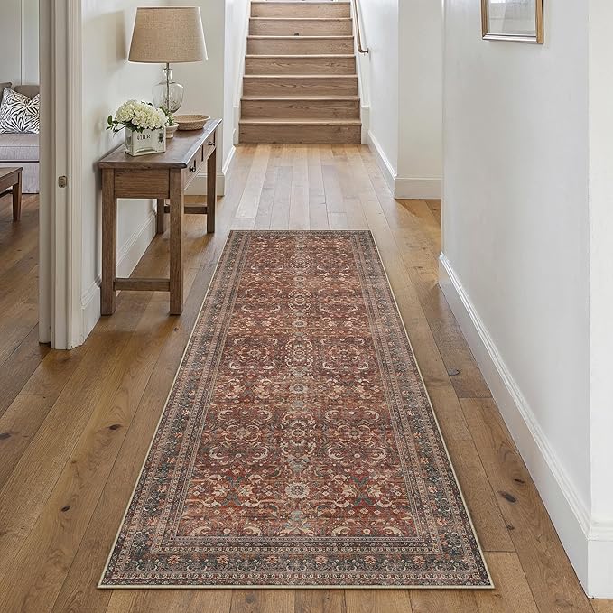 2x6 Brick Red Vintage Distressed Washable Runner Rug for Hallway | Low Pile, Non Slip, Retro Style, Soft Distressed Hallway Runner Rug for Kitchen, Entryway, Laundry Room, Home Decor